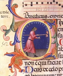 Ms 559 f.113v Történelmi "O" kezdőbetű, amely Szent Józsefet ábrázolja, amint egy rudat tart két galambokkal díszített zászlóval, a Santa Maria Novella zsoltárából, Paolo Soldini (fl.1342-86) megvilágításával 1379 (vellum)