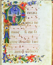 Ms 577 f.1 Történeti kezdetű „P”, amely egy férfialakot ábrázol a vadonban, a „Messale di Sant