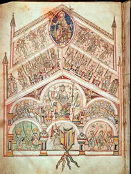 Ms. Plut.12.17 f.2v Az égi város Krisztussal trónol, Hippói Szent Ágoston (354-430) által 413-426-ban írt eredeti szöveg illusztrációja a De Civitate Dei-ből (11-12.)