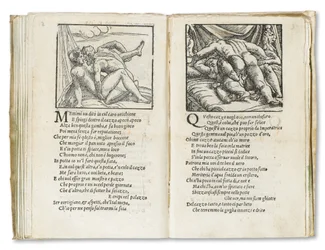 Oldal Pietro Aretino Sonetti Lussuriosi című művéből, Giulio Romano illusztrációival és Marcantonio Raimondi metszeteivel, Velencében kiadva, kb. 1527
