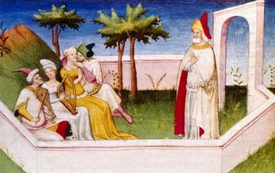 Paradicsomkert, illusztráció a Marco Polo utazásaiból, Rustichello da Pisa (tempera pergamen)