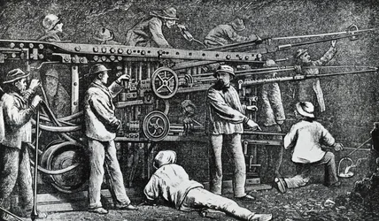 Pneumatikus kőzetfúrógép, amelyet Giovanni Battista Piatti készített, és Germano Sommeiller (1815-1871) tökéletesítette, Olaszország gravírozásával