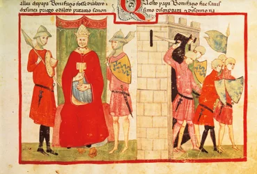 VIII. Bonifác pápa Anagniban és Sciarra Colonna (Giacomo Colonna) kiűzése a városból, miniatűr Giovanni Villani krónikájából, kézirat Chigi L VIII 296 folio 176 recto, Olaszország 14. század.