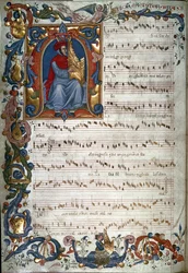 Francesco Landino portréja és egy kotta, illusztráció a "Squarcialupi-kódexből", 1325-35 körül
