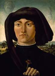 Rózsaszín virágos fiatalember portréja, 1475-85 körül (tempera fán)