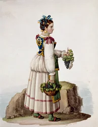 Hagyományos viseletbe öltözött, szőlőt tartó fiatal capri nő portréja - (Régi mesterség: szőlőt tartó fiatal capri nő), 19. század, Museo Nazionale di San Martino, Nápoly