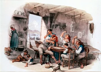 Feltehetően nápolyi család, amely kézzel eszik makarónit. Ismeretlen alkotó 19. századi metszete. Róma, Museo Nazionale delle Paste Alimentari, Fondazione Agnesi