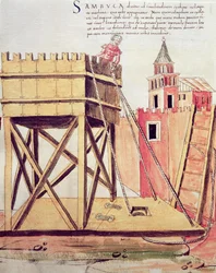 Egy ostromtorony projektje, Roberto Valturio (1405-75) 1470-es "De re Militari" illusztrációja (toll és tinta, valamint akvarell papíron)