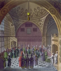 A nyugati nagykövetek fogadása a szultán nagyvezírje által Konstantinápolyban, 1820 körül (színes metszet)