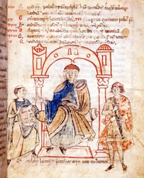 Mathilde Canossa grófnő (vagy Mathilde toszkánai grófnő) (1046 - 1115) ábrázolása. „Vitas mathildis”, Donizone. 13. századi kézirat, Lucca, Bibl. Governativa.