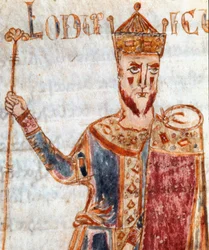 I. Lajos, a jámbor vagy a debonnaire néven ismert ábrázolása”” (778-840), Nagy Károly fia”” Miniatűr a „” Codex Legum Longobardorum”-ból” (vagy Langobardorum), amely a Rothari király által létrehozott Lombard királyság törvényeit írja le.
