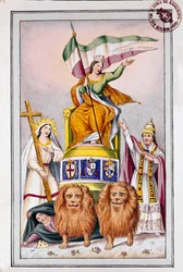 Risorgimento: propagandaplakát a pápai államok számára: „Olaszországban van a hite és Pius (Pio) pápa IX” A 19. századi Museo del Risorgimento litográfiája, Róma
