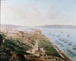 Risorgimento: II. Ferdinánd nápoly-szicíliai király Bourbon-hadseregei Messinában, Szicíliában, 1848 augusztusában, Szicília visszafoglalásakor a felkelések után. Ismeretlen alkotó festménye. Museo Nazionale di San Martino, Nápoly