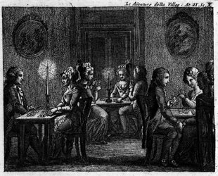 Carlo Goldoni (1707-1793) „Avventure della villeggiatura” (A város kalandjai) (1756) című képregény II. felvonásának 10. jelenete: játékasztalok. 18. századi metszet