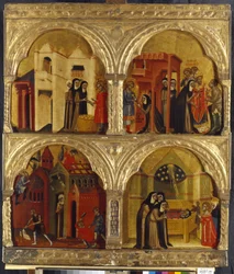 Jelenet Saint Julienne életéből. Velencei mester festménye, tempera fára, 14. század második fele. Olasz művészet, középkor, gótikus művészet. Állami Ermitázs, Szentpétervár.