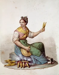 Régi nápolyi mesterség: sült kukoricát árusító nő, 19. század, Museo Nazionale di San Martino, Nápoly