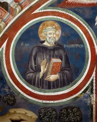 Szent Benedek, Consolo vagy Magister Consolus második munkatársa freskója, a Szent Barlang kolostorának alsó temploma, Subiaco, Olaszország