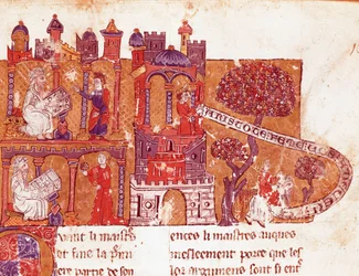 Arisztotelész (Kr. e. 383-322) görög filozófus erkölcsre és a nők megvetésére tanítja hallgatóit (mysoginia) Miniatűr egy 14. századi olasz kéziratból. Bibliotheque Inguimbertine Municipal de Carpentras.