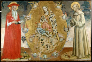 Szűz és gyermek Szent Ferenccel és Szent Jeromossal A 14. századi olasz iskola fafestménye. Musee du Peinture Palais, Avignon