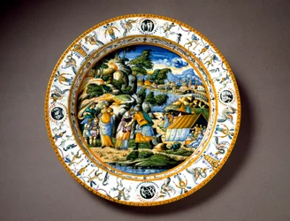 Áron és Mózes találkozása. Az urbinói Fontana-műhelyben készült kerámiatál, Olaszország. 1550 körül. Bargello Nemzeti Múzeum, Firenze