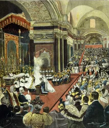 A leendő III. Viktor Emánuel király (Victor-Emmanuel) (Vittorio Emanuele) és Ilona montenegrói hercegnő egyházi esküvője a római Santa Maria degli Angeli-templomban 1896-ban.