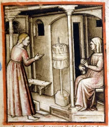 A gyapjúfonás a 14. században. Miniatűr a 212-es kódexből (vagy padovano kódexből vagy Páduai Bibliából) 1390-1400 Rovigo, Accademia dei Concordi