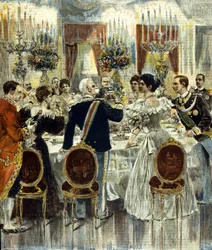 A jegyespár, III. Viktor Emánuel (Victor-Emmanuel) (Vittorio Emanuele) és Montenegrói Ilona esküvői lakomája a római Quirinale-palotában. 1896.
