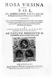 Christoph Scheiner Rosa Ursina sive Sol címlapja, 1630-ban (nyomtatott)