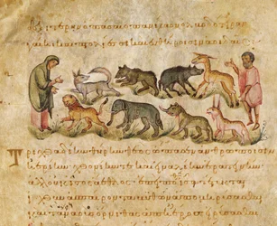 Értekezés a földön élő számos állatfajról, Oppianus illusztrációja a Cynegeticából (tempera pergamen)