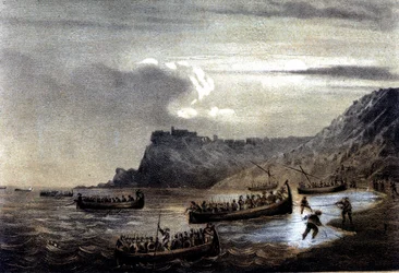 Olaszország egyesülése: az Ezer vagy Vörösingesek expedíciója Giuseppe Garibaldi (1807-1882) vezetésével. Az első garibaldi flotta indulása Calabria felé a Stella erődnél. századi litográfia