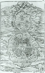 Kilátás az azték Tenochtitlan város északi felőli oldaláról, Giovanni Battista Ramusio (1485-1557) 1606-ban Velencében megjelent Relatione della Citta del Temistitanból