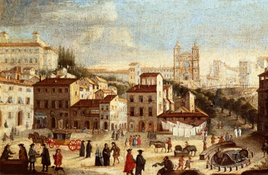 Kilátás a Piazza di Spagna-ra (Piazza di Spagna), a Trinita dei Monti (Trinite des Monts) templommal Rómában (Kilátás a Spanyolország térre és a római Szentháromság-templomra) A római iskola festménye - 17. század (festmény)
