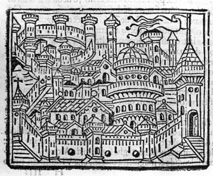 Kilátás az olaszországi Aosta városára. Fra Jacopo Filippo Foresti, velencei metszet a krónikák „mellékletébe”