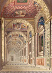 Kilátás a második emeleti loggiára a Vatikánban, Raphael díszítésével, a Delle Loggie di Rafaele nel Vaticano-ból, 1814-es kiadásban ömlesztett levélként (kézzel színezett metszet)