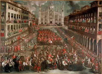 Spanyol örökösödési háború: „” Ünnepségek, amelyeket Eugenio di Savoia herceg (1663-1736) milánói belépésének megünneplésére szerveznek a győztes hadsereg élén az 1706. szeptember 24-i torinói csata után” (ünnep a Piazza Duomo-n Milánóban a győztesért
