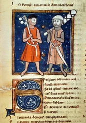 A botok harcosai karjai - a 13. századi kéziratban: „Vilmos pénzverése”. biblioteca Trivulziana. Milánó