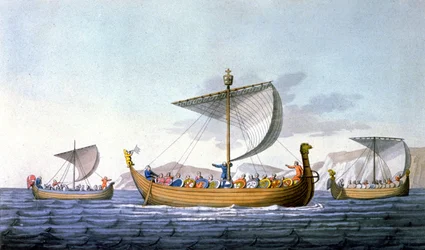 Hódító Vilmos és haditengerészete Angliába készül, illusztráció a „Le costume ancien ou moderne” című művéből, J. Ferrario, Milánó, 1820 körül (színes metszet)