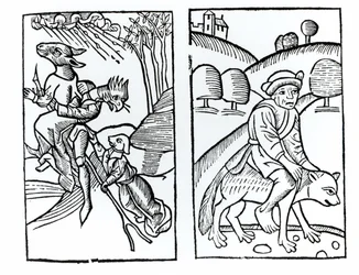 Seprűnyélen lovagló állatoknak álcázott boszorkányok (balra) és farkason lovagló hím boszorkányok (jobbra), M. Guaccius atya Compendium Maleficarum illusztrációinak másolatai, Milánó 1608, a Varázstörténetben használtak
