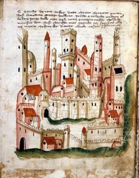 Kilátás Jeruzsálem városára, Niccolo da Poggibonsi Libro dOltramare-ből (toll, tinta és tempera pergamen)