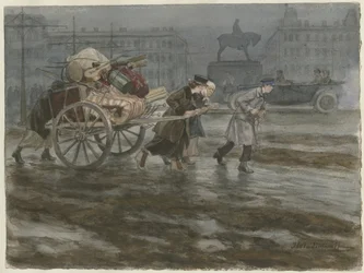 A család kocsin költözteti holmiját az akvarell sorozatból Orosz forradalom, 1917-1918