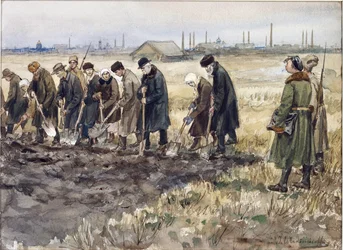 Kemény munka gazdag kereskedőknek, nemeseknek és bűnözőknek a forradalom éveiben Vlagyimir, Ivan Alekszejevics (1869-1947). Akvarell, gouache, papír