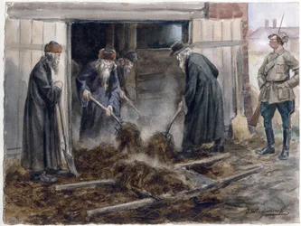 Le clerge russe pelletant le fumier - Szénát lapátoló orosz papság: 1918. szeptember (az orosz forradalom akvarellsorozatból) - Vladimirov, Ivan Alekszejevics (1869-1947) - 1918 - Akvarell papíron - 25,8x34,3 - Magángyűjtemény