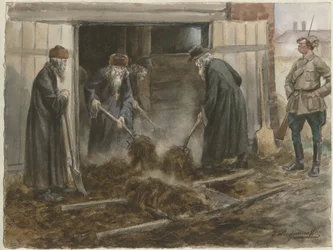 Szénát lapátoló orosz papság: 1918. szeptember az akvarellsorozatból Orosz forradalom, 19.