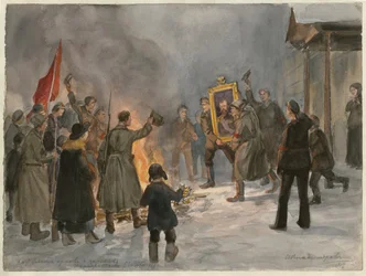 Festményeket égető katonák (az orosz forradalom akvarellsorozatból) - Ivan Alekszejevics Vladimirov (1869-1947) életműve - 1917 - Akvarell papíron - 25,7x34,5 - Magángyűjtemény