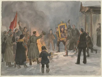 Katonák festményeket égetnek az Orosz forradalom című akvarellsorozatból, 1917