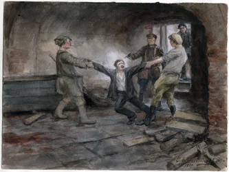 Un detenu emmene pour etre execute - Fogvatartott és kivégzett ember (az orosz forradalom akvarellsorozatból) - Vladimirov, Ivan Alekszejevics (1869-1947) - 1919 - Akvarell papíron - 25,7x34,5 - Magángyűjtemény