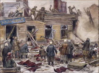 Vlagyimir, Ivan Alekszejevics (1869-1947) faházakat bontó munkások tüzelőanyagért. Akvarell, gouache, papír