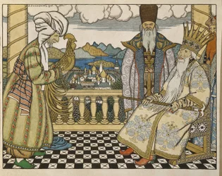 Illusztráció Alekszandr Puskin (1799-1837) „Az aranykakas” című meséjéhez. Ivan Yakovlevich Bilibin (1876-1942) műve
