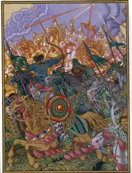 Batu kán kiűzése (kb. 1205-1255) (Batu kán kiűzése). Batou, az Arany Horda mongol tatár főnöke Oroszország sztyeppén. Ivan Jakovlevics Bilibin (Bilibin) (1876-1942) munkája, akvarell és gouache papíron