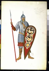 Egy orosz harcos a 12. században. Jelmez Alekszandr Borogyin (1833-1887) ""Igor herceg"" című operájához (Orosz harcos. Jelmezterv A. Borogyin Igor herceg című operájához). Ivan Jakolevics Bilibin (Bilibin) festménye (1876-1942)